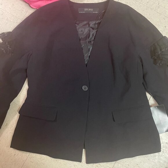 ZARA BASIC Blazer Womens Sz Large Black Ruffle Sleeve Fully Lined NO BELT - Picture 5 of 13